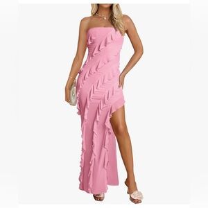 NWT PINK STRAPLESS MAXI DRESS w RUFFLES-S